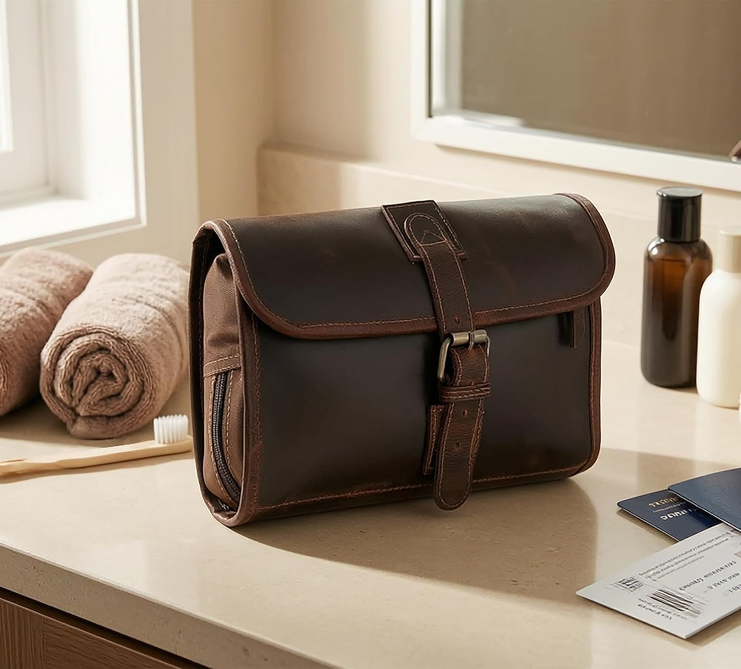 Leather Hanging Toiletry Bag for Men | Rustic Town Travel Dopp Kit & Organizer - Ideal for Shaving & Cosmetics