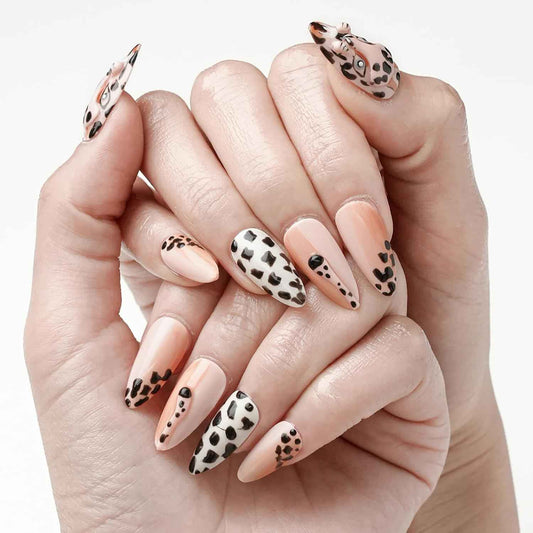Nude Leopard Handmade Press-On Nails Set - Medium Almond Shape, 10 Pcs with Glue