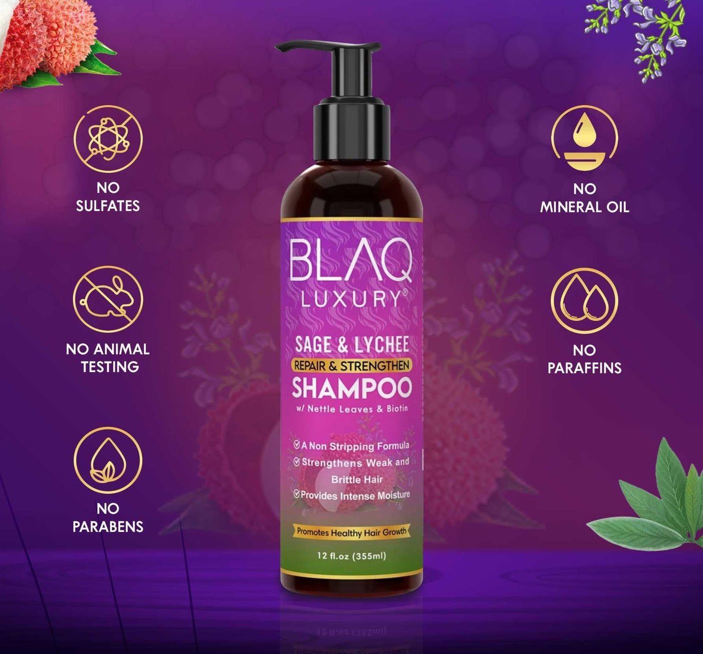 Blaq Luxury Sage & Lychee Repair and Strengthen Shampoo - Infused with Biotin and Nettle - Sulfate-Free Formula for All Hair Types - Promotes Hair Repair, Growth, and Scalp Health - 12 fl oz