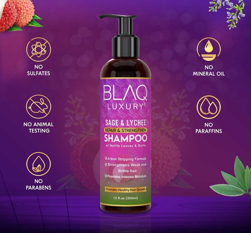 Blaq Luxury Sage & Lychee Repair and Strengthen Shampoo - Infused with Biotin and Nettle - Sulfate-Free Formula for All Hair Types - Promotes Hair Repair, Growth, and Scalp Health - 12 fl oz