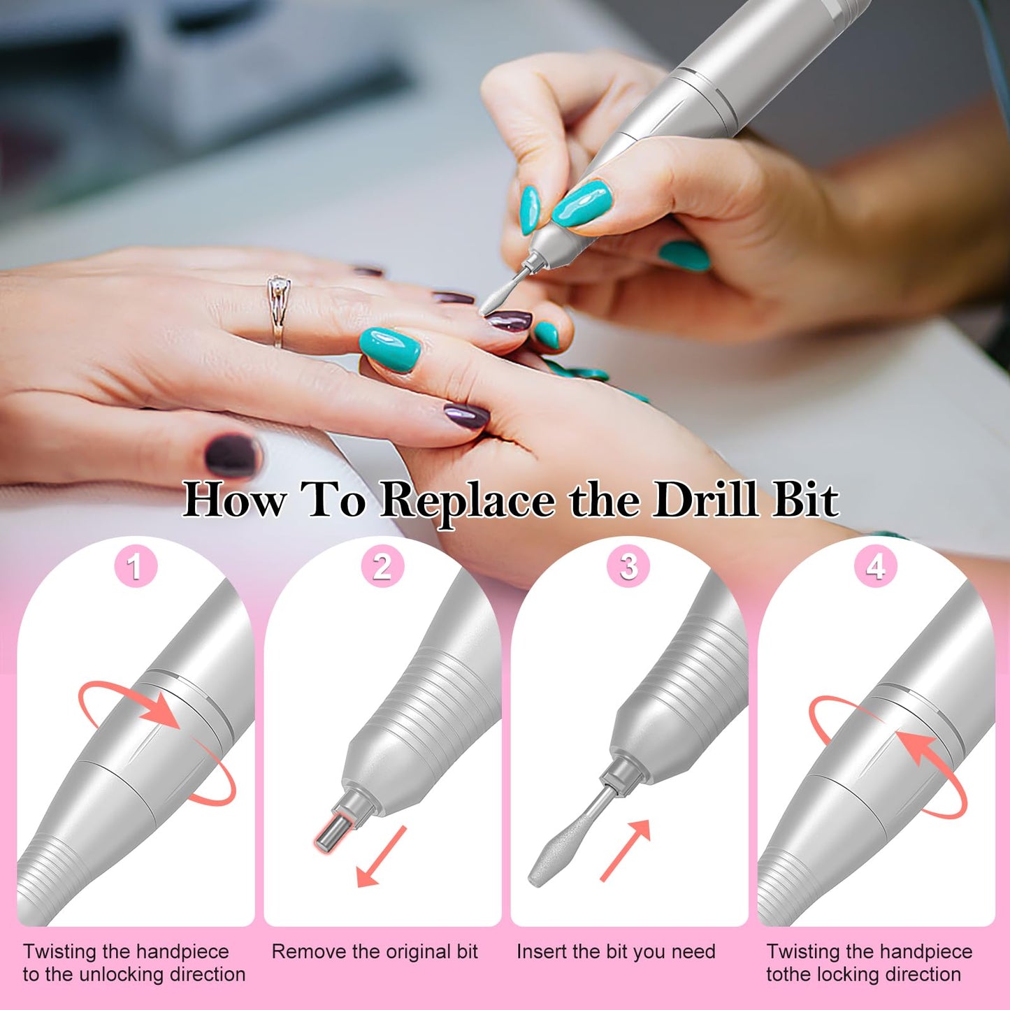 Electric Nail Drill Professional: 45000RPM Rechargeable Nail File with Bits & Base for Acrylic Gel Nails, Professional Nail Drill Manicure Pedicure Polishing Shape Tools for Home Salon