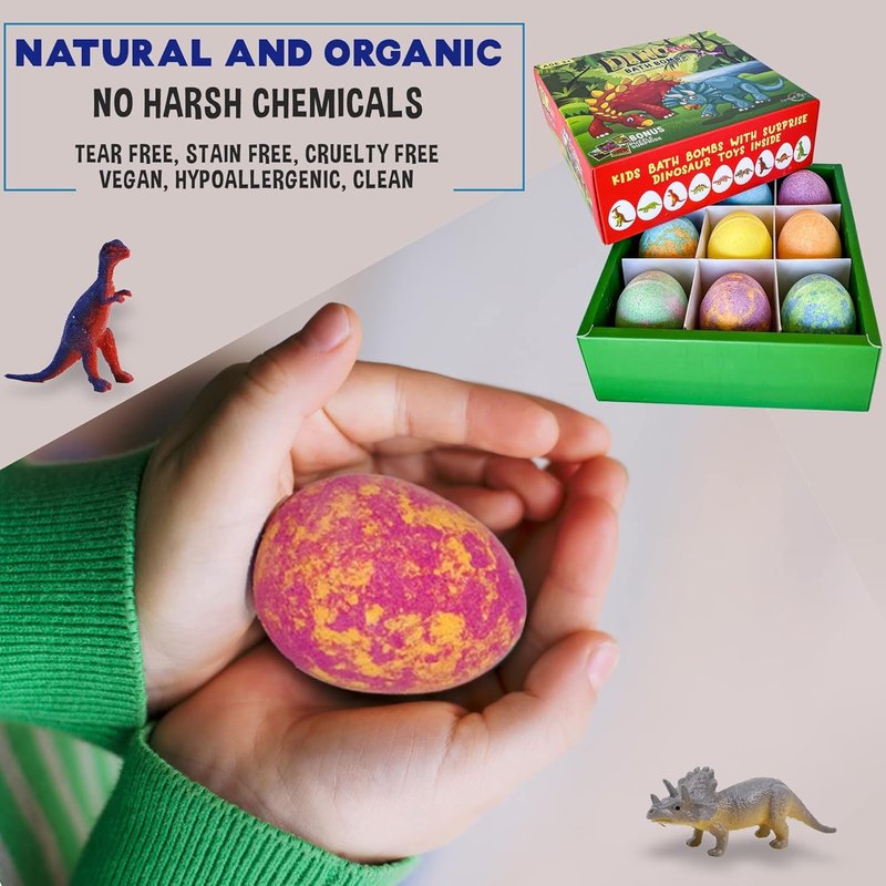 Bath Bombs for Kids with Surprise Toys Inside Plus Dinosaur Puzzle - Set of 9 Organic Dino Egg Bath Bombs with Rich Bubbles, Birthday Gifts for Kids