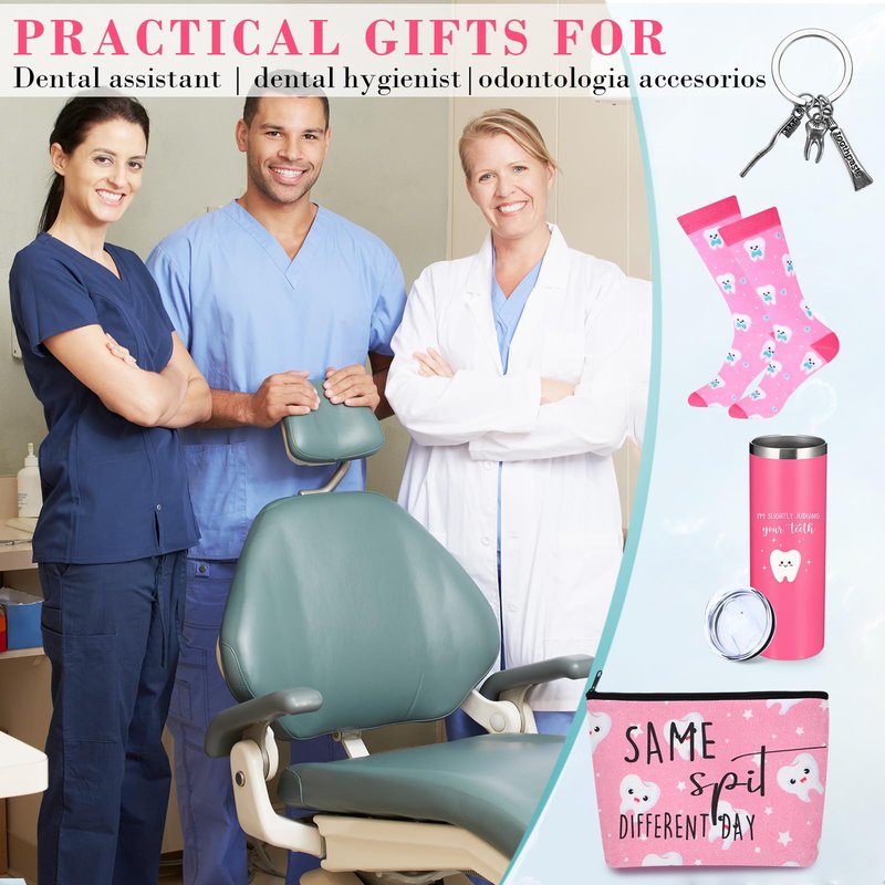 Maxcheck 4 Pcs Teeth Gifts Dental Hygienist Graduation Gifts Bulk 20 oz Stainless Steel Tumbler with Straw Lid Brush Canvas Bag Teeth Socks Dentist Keychain for Nurse Dental Hygienist(Pink)