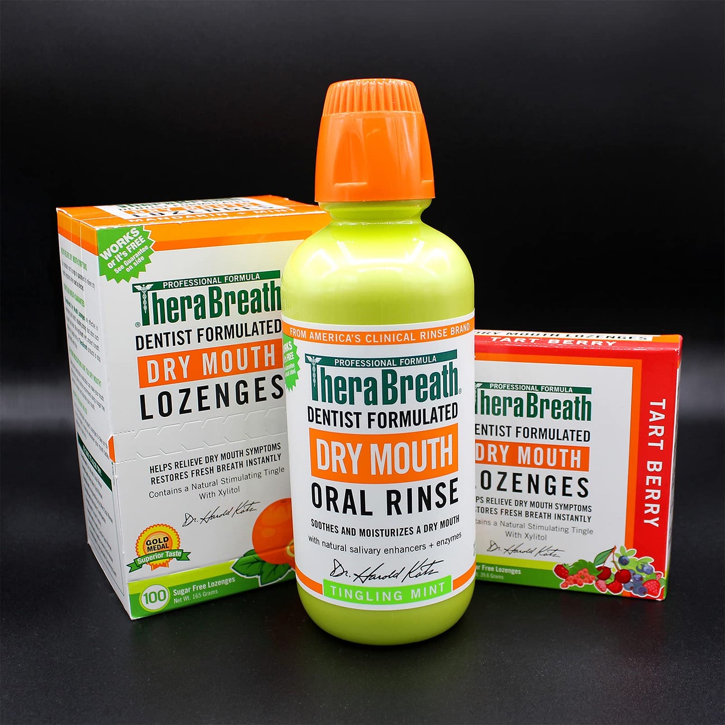 TheraBreath Dry Mouth Lozenges, Mandarin Mint, 100 Count (Pack of 2) & 24 Count Sugar-Free Dentist Formulated for Dry Mouth Relief