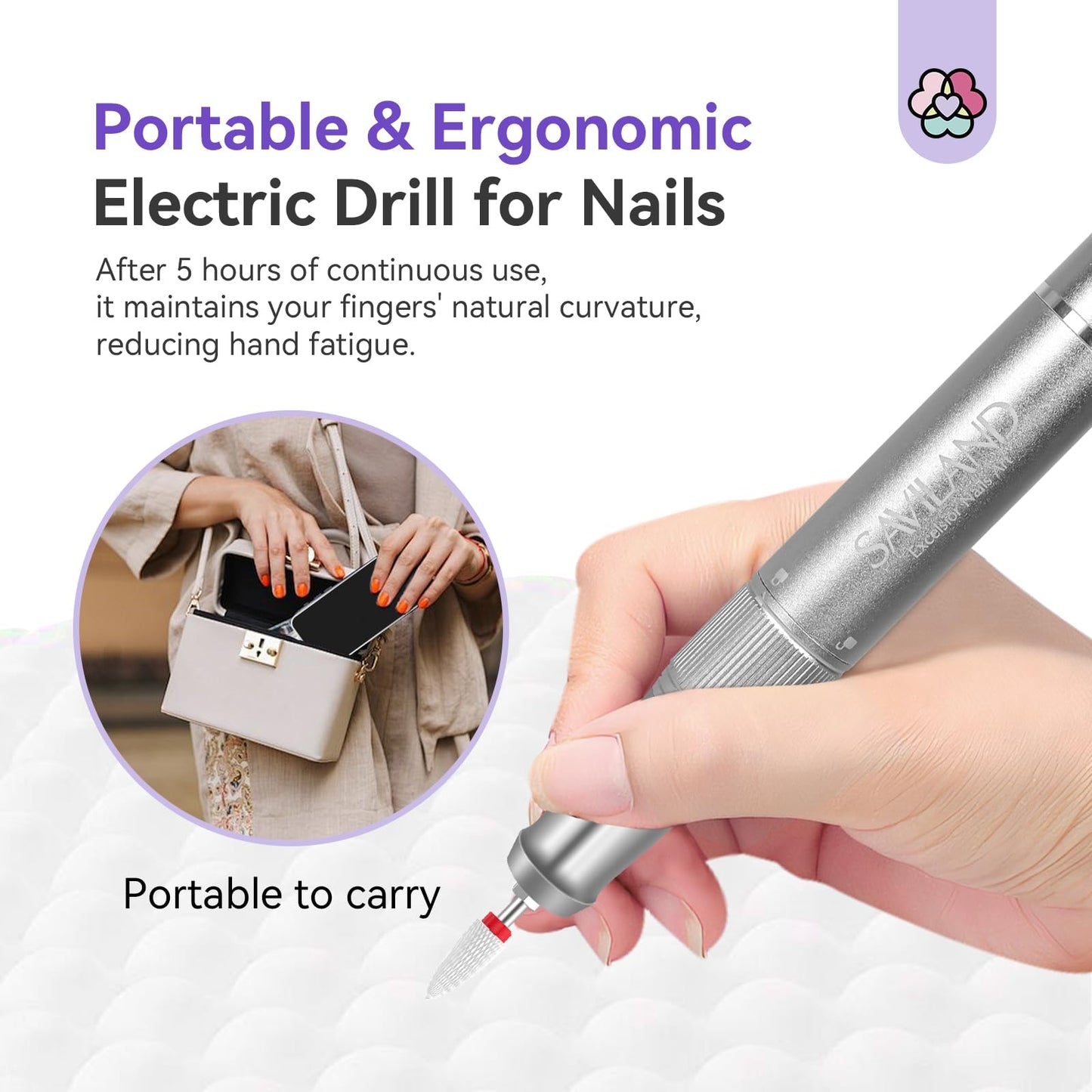 SAVILAND Plus Electric Nail Drill Professional: 40000 RPM High Speed Electric Nail File with Coreless Motor Rechargeable Nail Drill for 14 H Battery Life to Quick Acrylic Nails Gel Polishing Removing