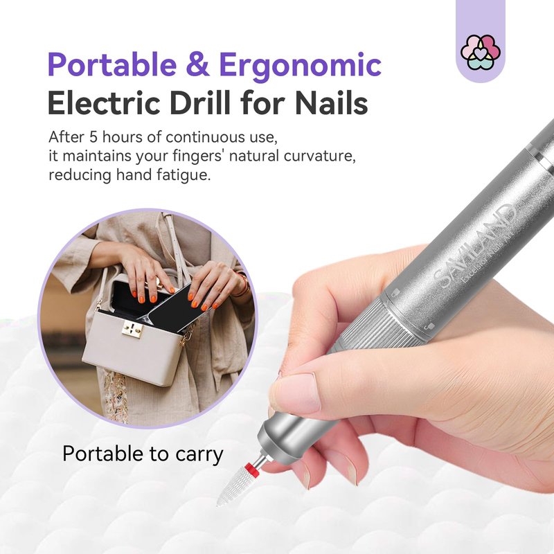 SAVILAND Plus Electric Nail Drill Professional: 40000 RPM High Speed Electric Nail File with Coreless Motor Rechargeable Nail Drill for 14 H Battery Life to Quick Acrylic Nails Gel Polishing Removing