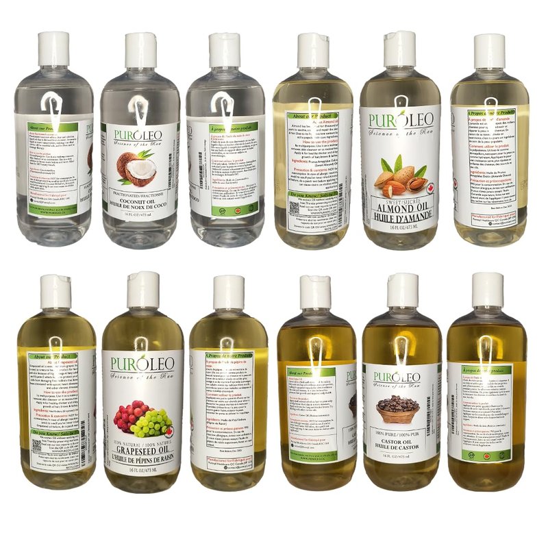 PURÓLEO Carrier Oil Gift Set- 4 Pack - Coconut Oil- Almond Oil - Castor Oil - Grapeseed Oil - 100% Natural Moisturizing Massage 4 Pc (4 Fl Oz)