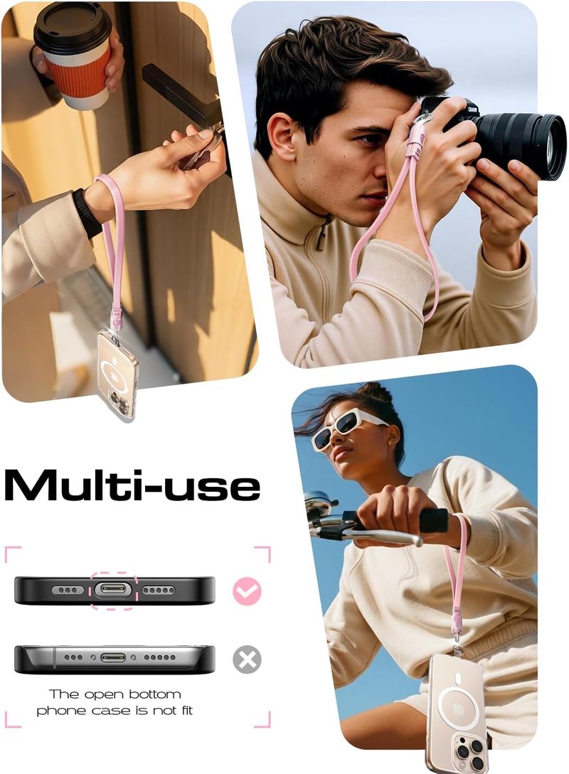 LISEN Phone Lanyard - Anti-Theft Wrist Strap with 60W USB-C Cable | 2-Pack Tether Tabs, Pink