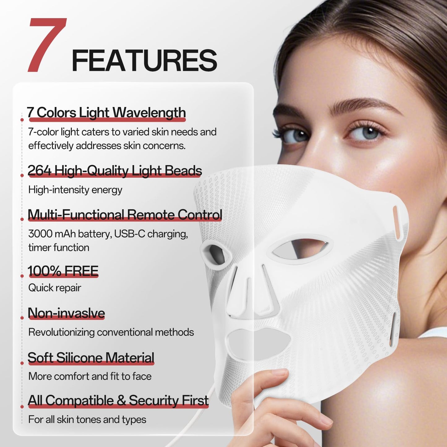 Facego Red Light Mask - 7 Colors Red Light Mask for Face, Facial Skin Care Device with Remote Control, Ergonomic Design and Portable for Home