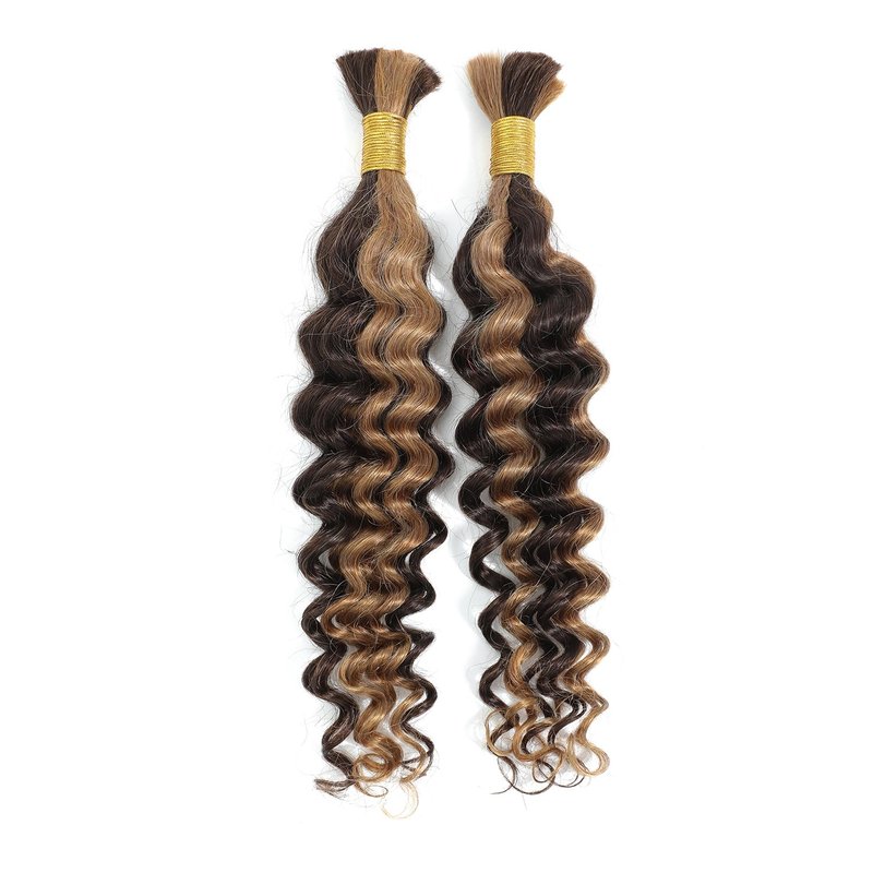 Human Braiding Hair For Boho Braids 100g 2 Bundles 18 Inch Deep Wave Bulk Human Braiding Hair 100 Percent Unprocessed Virgin Hair Highlight 4/27 Wet and Wavy No Weft Boho Knotless Braid