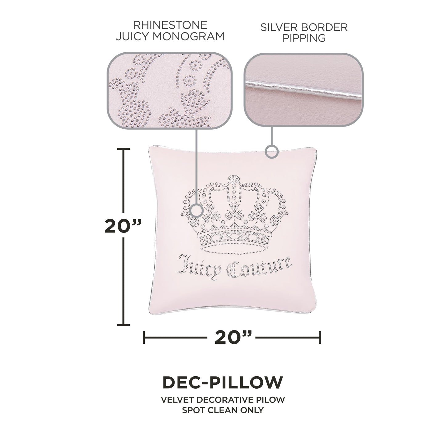 Juicy Couture - Decorative Accent Pillow, Velvet Rhinestone Crown, Premium Reversible Throw Pillow, Living Room and Bedroom DΓ©cor, Measures 20" x 20", Pink Blush
