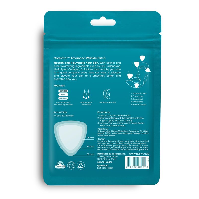 NURIVE Advanced Wrinkle Patches 60ct Smile Line, Frown Line Wrinkle Patches for Facial Korean Skin Care Face Wrinkle Tape Invisible Overnight with Retinol & Collagen (Small (Face))