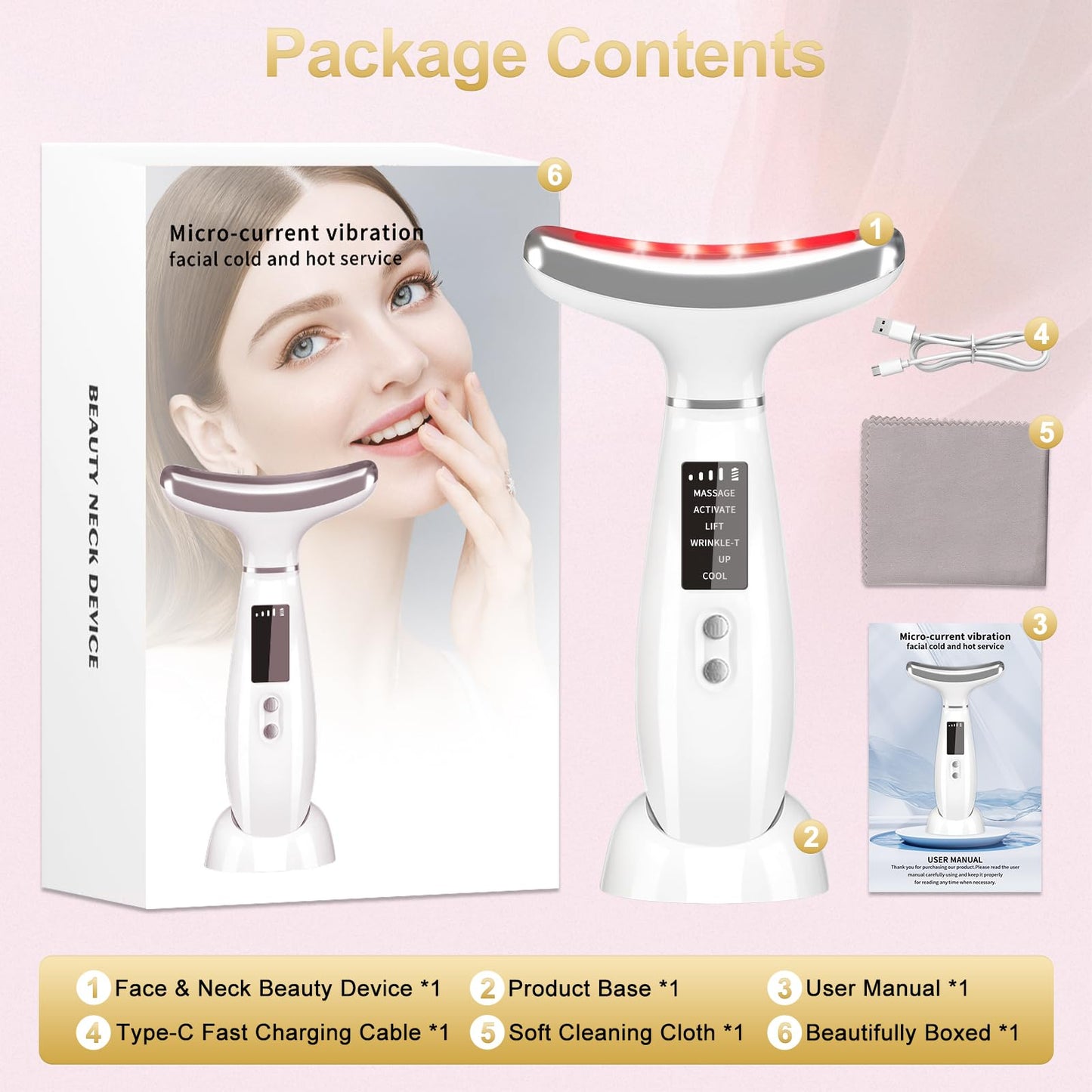 Neck Face Massager, 4 Color LED Facial Massager with Micro-Current Vibration Facial Cold and Hot Service for Wrinkles, Double Chin, Multifunctional Facial Light Therapy Device for Skin Care at Home