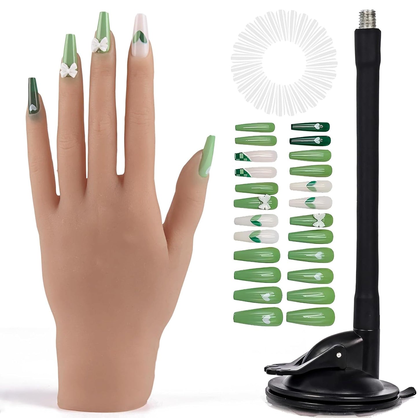 Flexible Silicone Practice Hand for Acrylic Nails with 528 Nail Tips & Stand