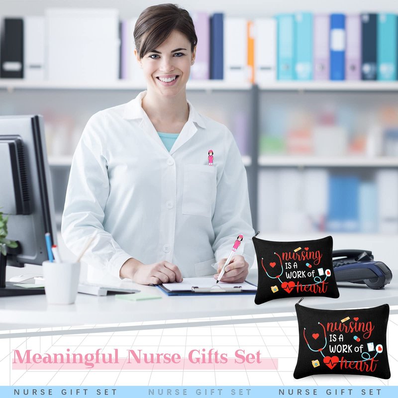 LEIFIDE 24 Pcs Nurse Week Gifts Bulk 2026 Rn Nurses Appreciation Gift for Women Include 12 Canvas Makeup Cosmetic Bag with Zipper and 12 Ballpoint Pen Accessories for Graduation(Adorable Style)