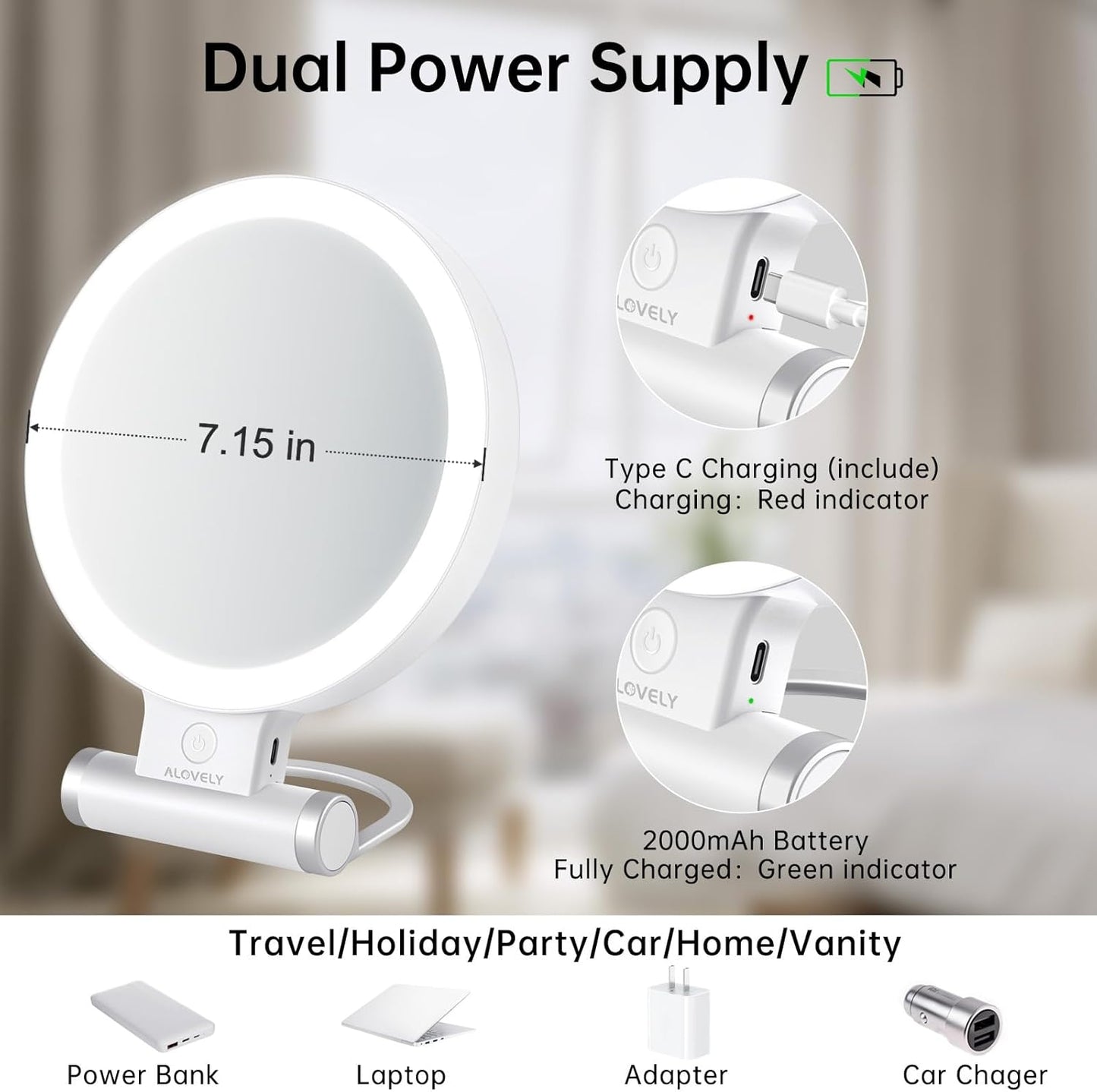 Travel Magnifying Mirror with Light - 1X/10X Magnification, Dimmable LED Vanity Mirror | Portable Round Design for Home Use