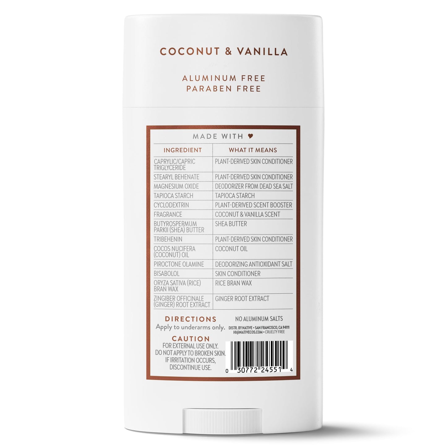 Native Aluminum Free Deodorant, Coconut & Vanilla, Large Size Stick, 72 Hour Odor Control, for Women & Men, Contains Naturally Derived Ingredients, 3.1 oz