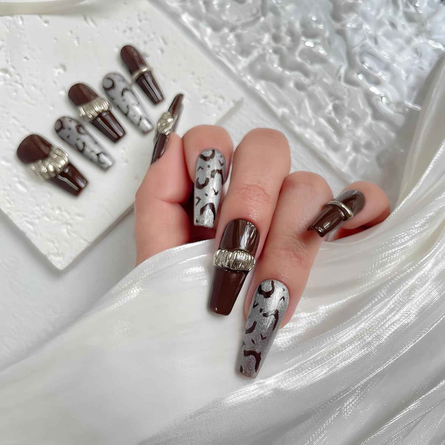 30PCS Luxury Press-On Nails Set – Long Coffin Dark Brown Leopard with Gold Accents – No Measuring Needed, Reusable Kit with Glue & Tools