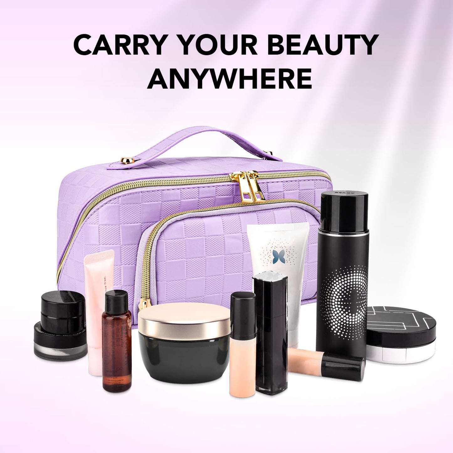 Travel Makeup Bag for Women, Large Capacity PU Leather Waterproof Checkered Cosmetic Bags, Portable Pouch Open Flat Toiletry Bag, Make up Organizer with Divider and Handle, Purple