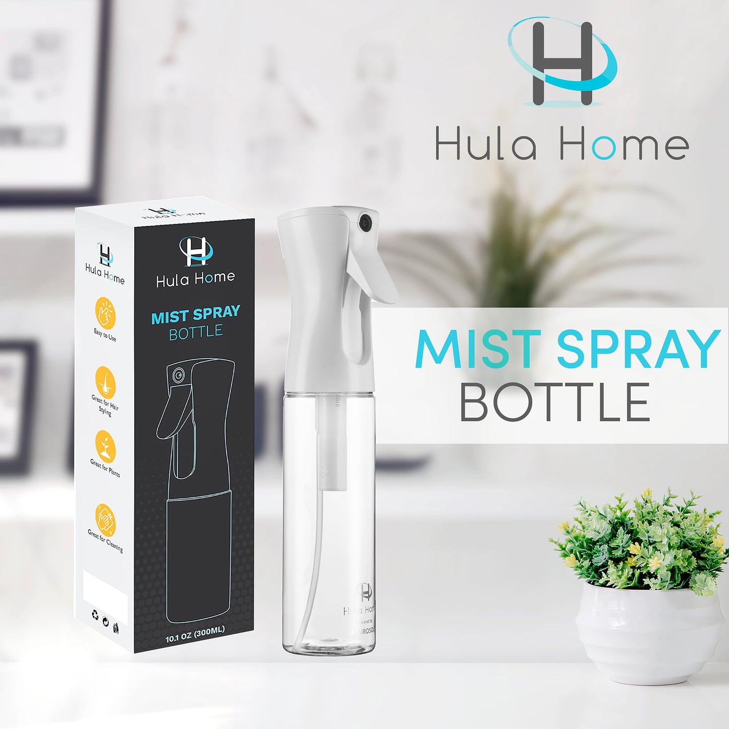 Hula Home Spray Bottle for Hair (10.1oz/300ml) - Continuous Ultra Fine Mist Sprayer – For Hairstyling, Cleaning, Salons, Plants, Essential Oil & More - White