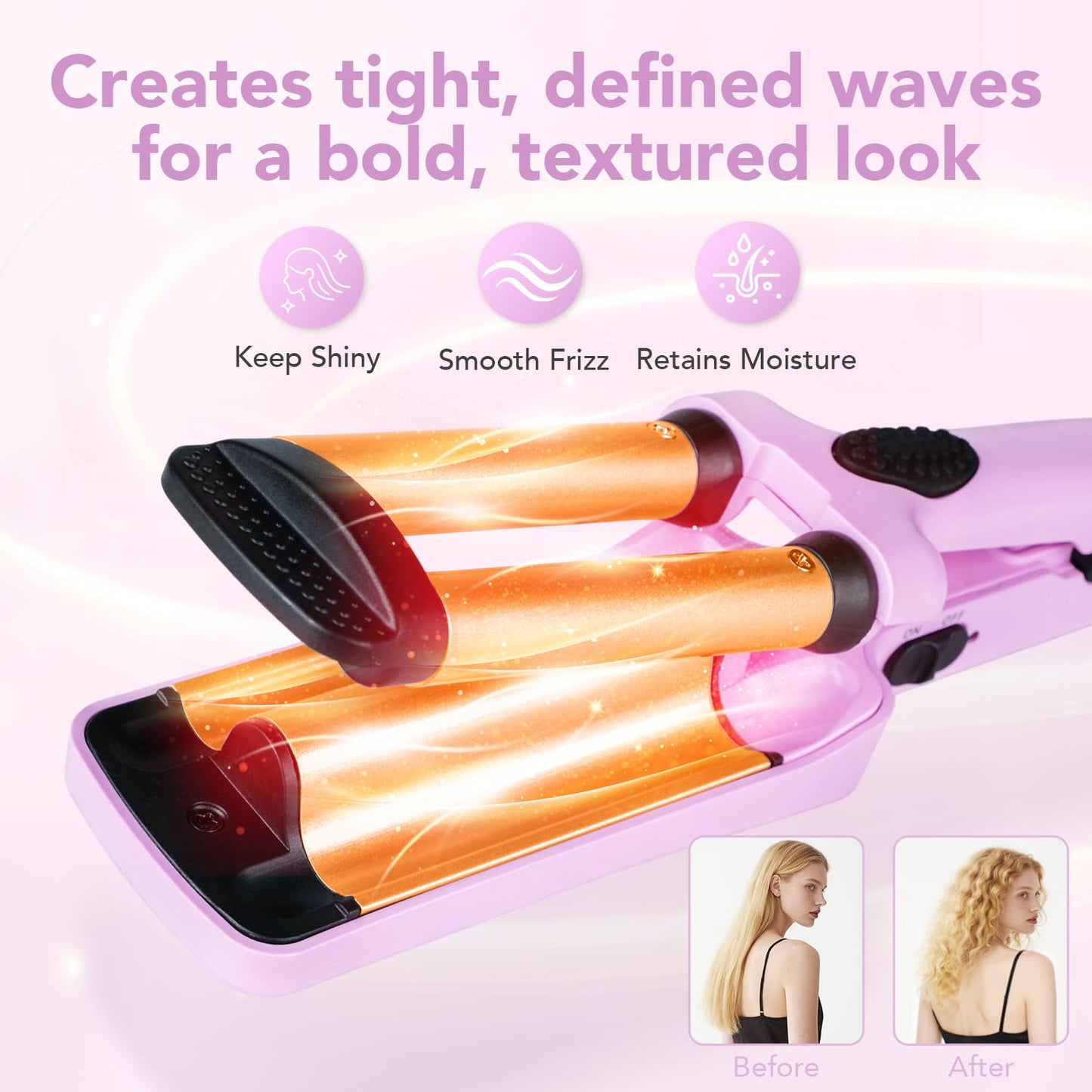 Ouphiny Mini Hair Crimper, 3 Barrel Curling Iron 1/2 Inch with Dual Voltage, Travel Beach Waver Curling Iron for Short to Medium Hair, Purple