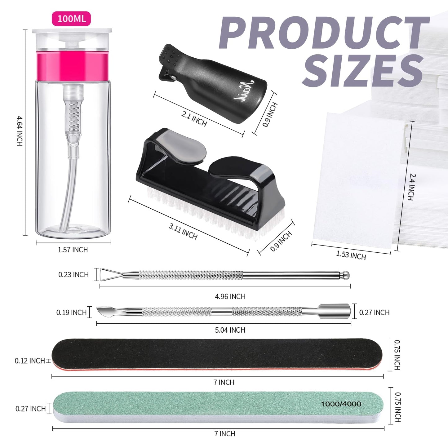FANDAME Gel Nail Polish Remover Tools Kit, 10 PCS Nail Polish Remover Clips Black, 100ml Nail Polish Remover Bottle, 500PCS Cotton Pad, Nail Brush, Cuticle Pusher, Nail File, Buffer Block Tools kit