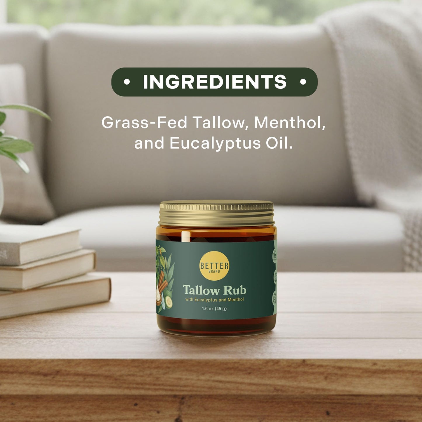Betterbrand Petroleum-Free Medicated Tallow Rub – Natural Vapor Rub Alternative with Menthol & Eucalyptus - Grass-Fed Tallow Balm for Chest Congestion Relief - 1.6oz