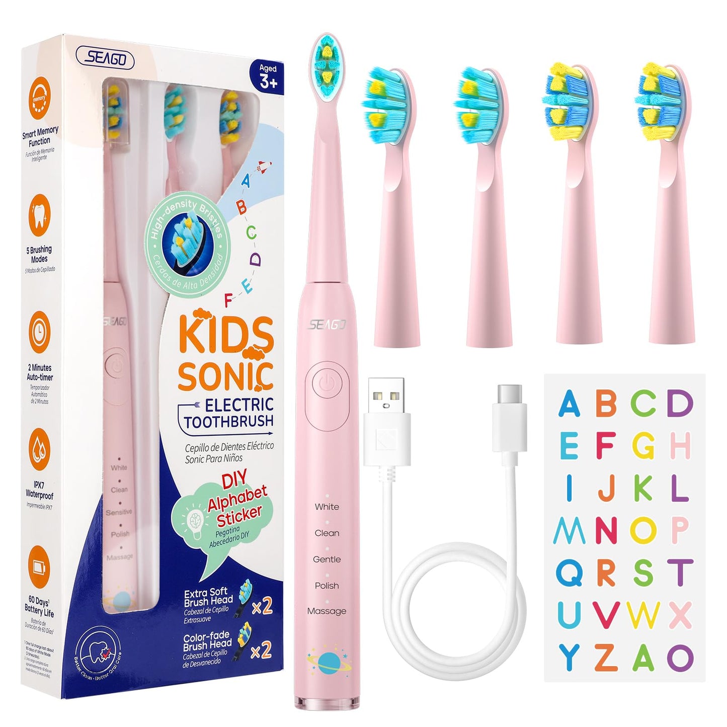 SEAGO Kids Electric Toothbrush, Sonic Soft Bristle Rechargeable Toothbrushes with DIY Stickers, 5 Modes, Includes 4 Replacement Brush Heads, Ages 3 to 12 Years Old (Navy)