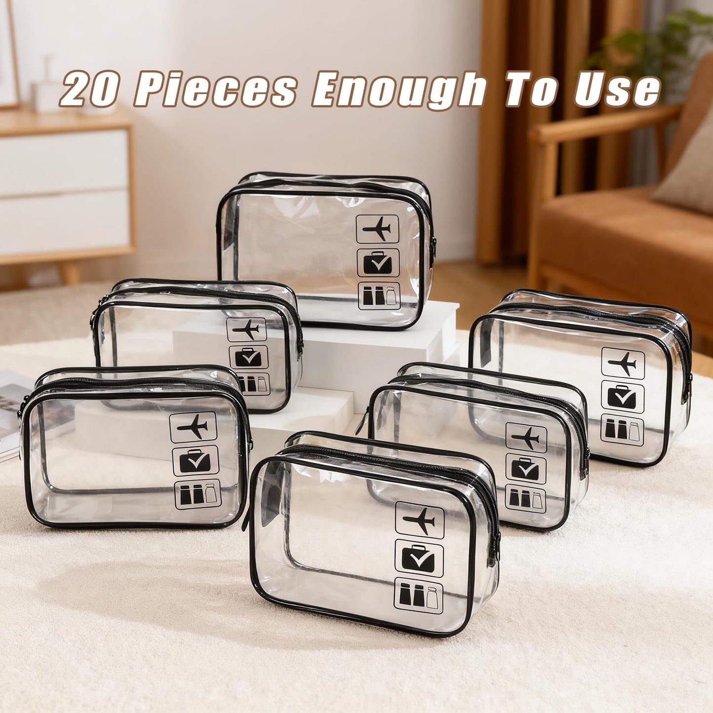 GEPAPE TSA Approved Clear Travel Toiletry Bag, Makeup Cosmetic Bag for Women Men 20 Packs (Black)