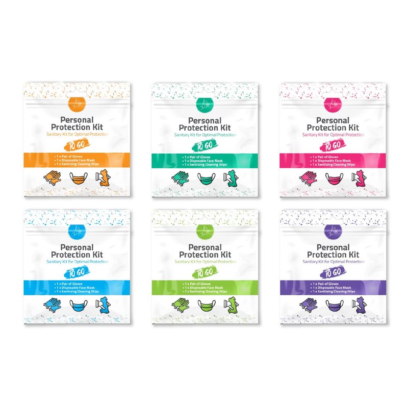 Personal Protection Kits – Mini 3 Item 10 PACK | Convenience on the Go | Individually wrapped pack for travelling | PPE Kit | Plastic Gloves, Hand Cleansing Wipes, Disposable Face Mask (Purple)