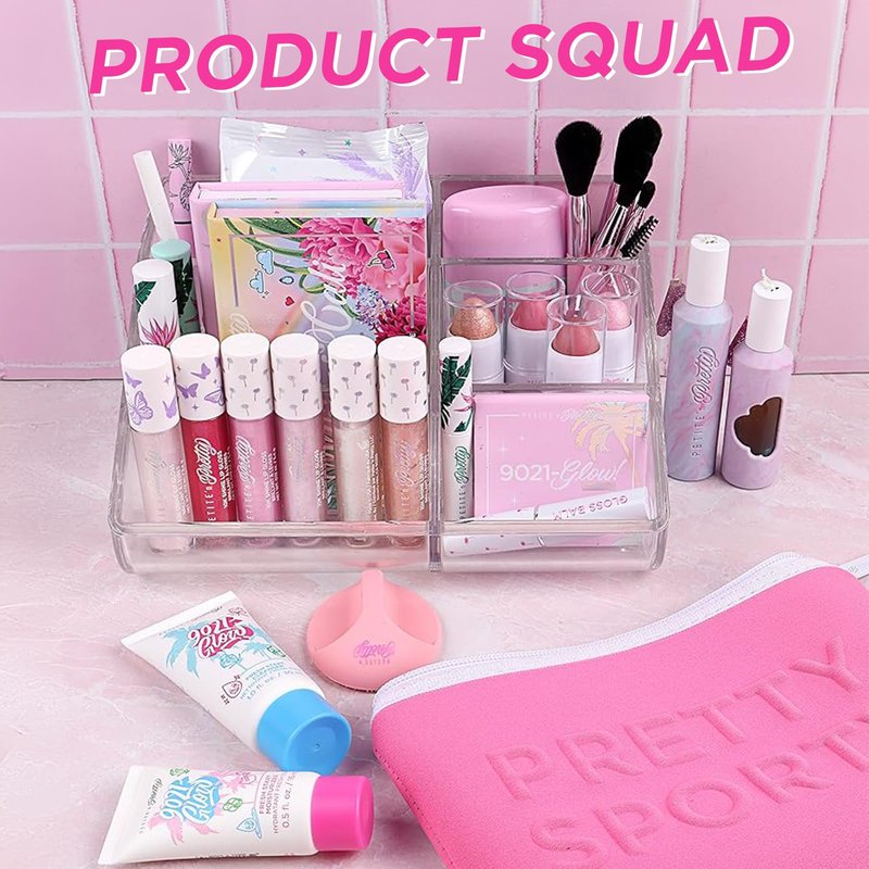 Petite N Pretty Essential Eyeshadow Brush Set with Duck Clips - Pink Makeup Bag, 6 Artist Brushes & Hair Accessories for Girls, Kids, Teens, and Tweens