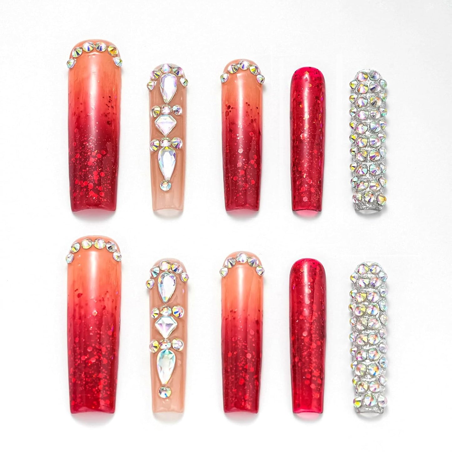 Luxury Ombre Red Glitter Press-On Nails Set - Long Square Glue-On Nails with Full Gem Coverage for Women & Girls (10 Pcs, Red-M)