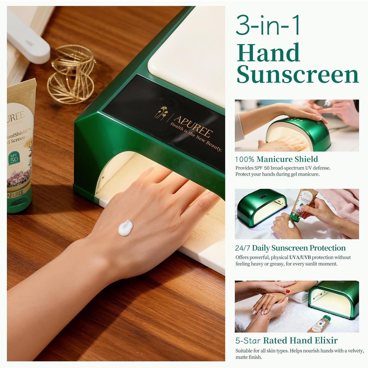APUREE U V Nail Lamp Hand Screen: Hand Sunscreen SPF 50+/PA++++| UV Lights Protection Cream| Fragrance-Free & Hypoallergic Formula|Nail Salon Home Use| FSA| Vegan & Cruelty Free| Deep Hydrate Moisture