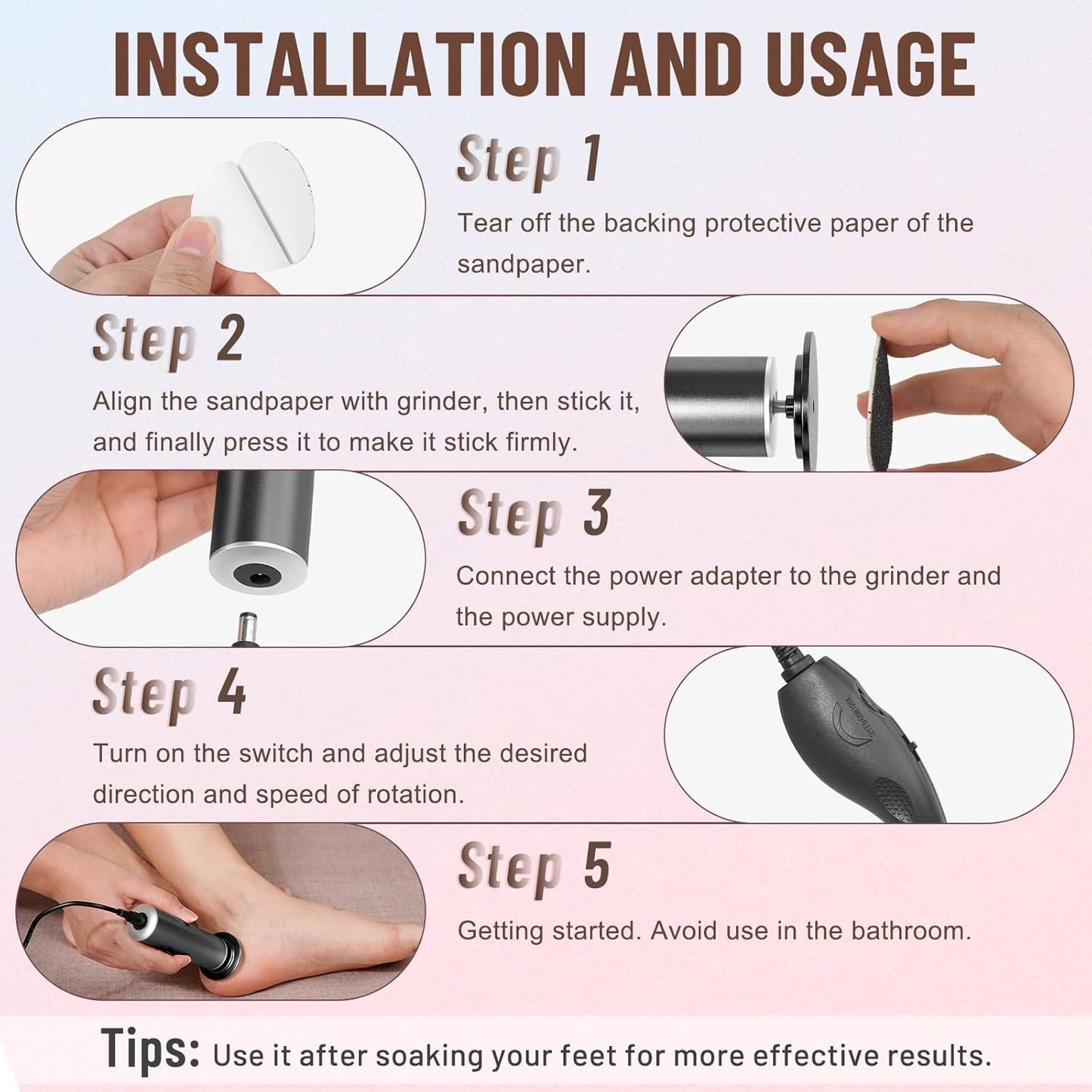 Professional Electric Foot File Callus Remover - Pedicure Tool with 60 Sandpaper Discs for Smooth Feet