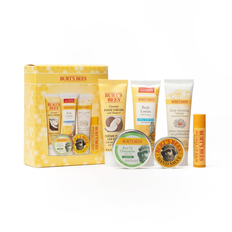 Burt's Bees Timeless Minis Kit, with Coconut Foot Cream, Milk and Honey Body Lotion, Deep Cleansing Cream, Res-Q Ointment, Hand Salve and Beeswax Lip Balm, natural origin skin care