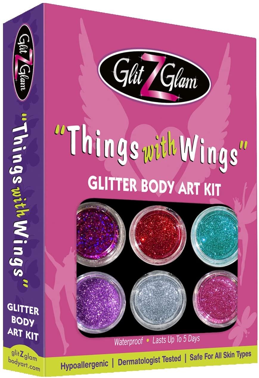 Glitter Tattoo Kit THINGS WITH WINGS - HYPOALLERGENIC and DERMATOLOGIST TESTED! - with 6 Large Glitters & 12 Stencils for Temporary Tattoos