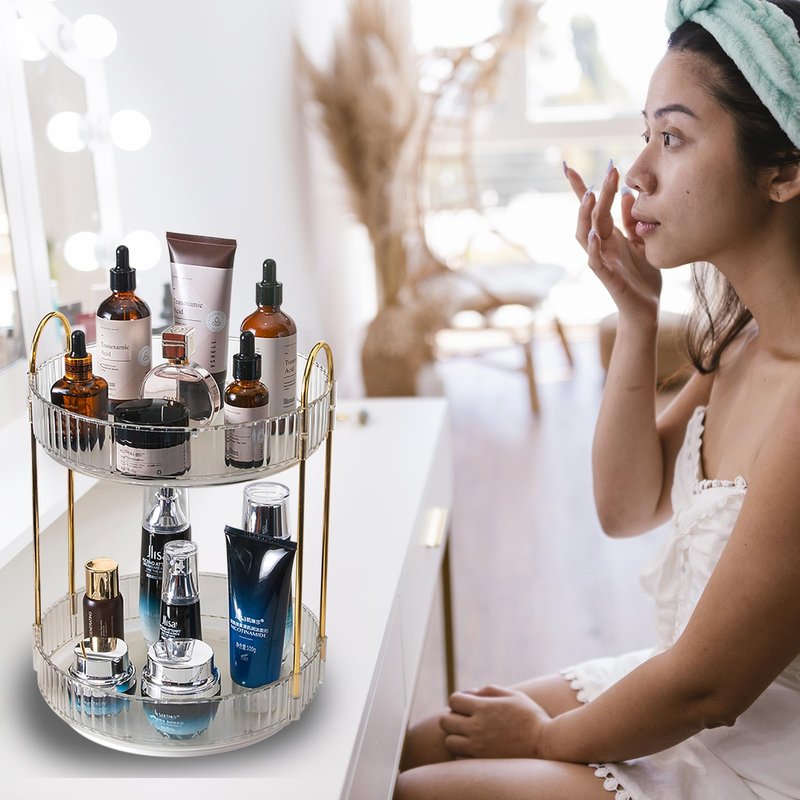Zufudo Rotating Makeup Organizer Countertop 2 Tier Lazy Susan Trays Clear Skincare Perfume Storage for Bathroom Counter Vanity, Transparent