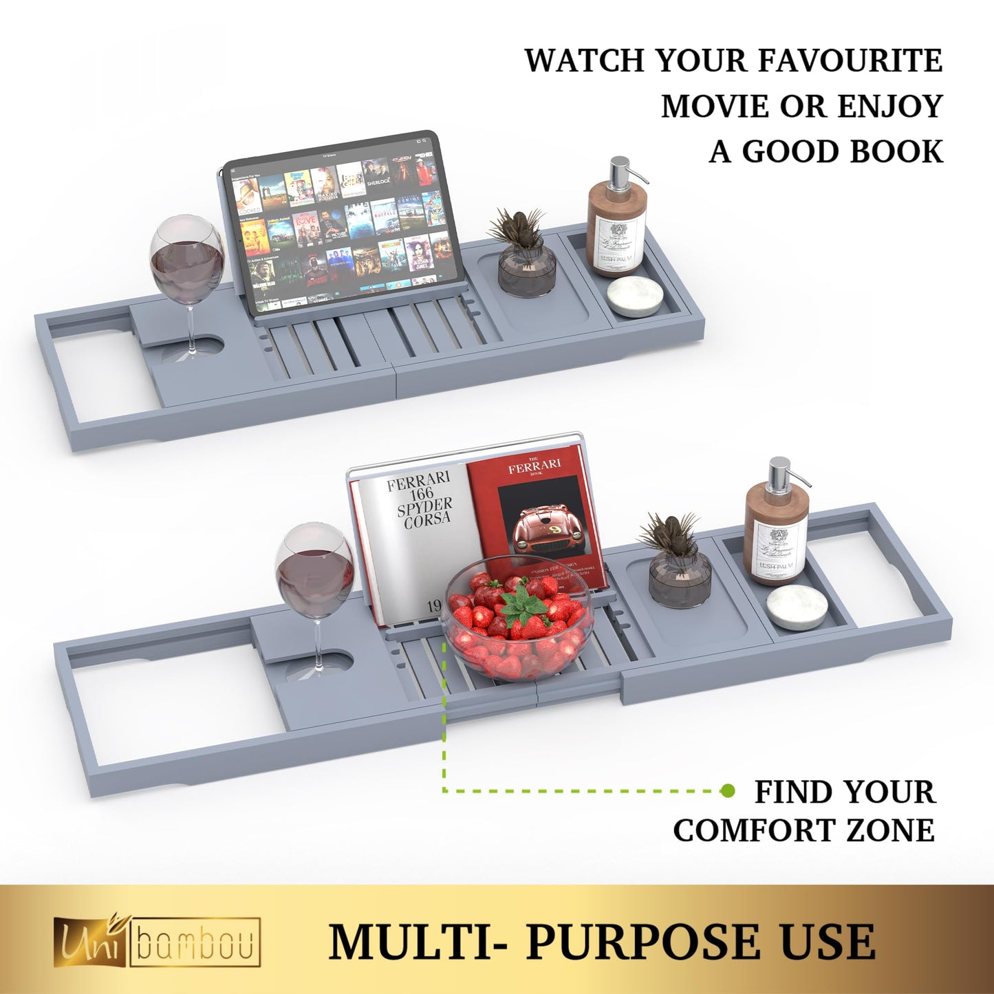 Bamboo Bathtub Caddy Tray for Luxury Bath, Expandable Bath Tray for Tub with Book and Wine Holder- Gift Idea for Loved Ones