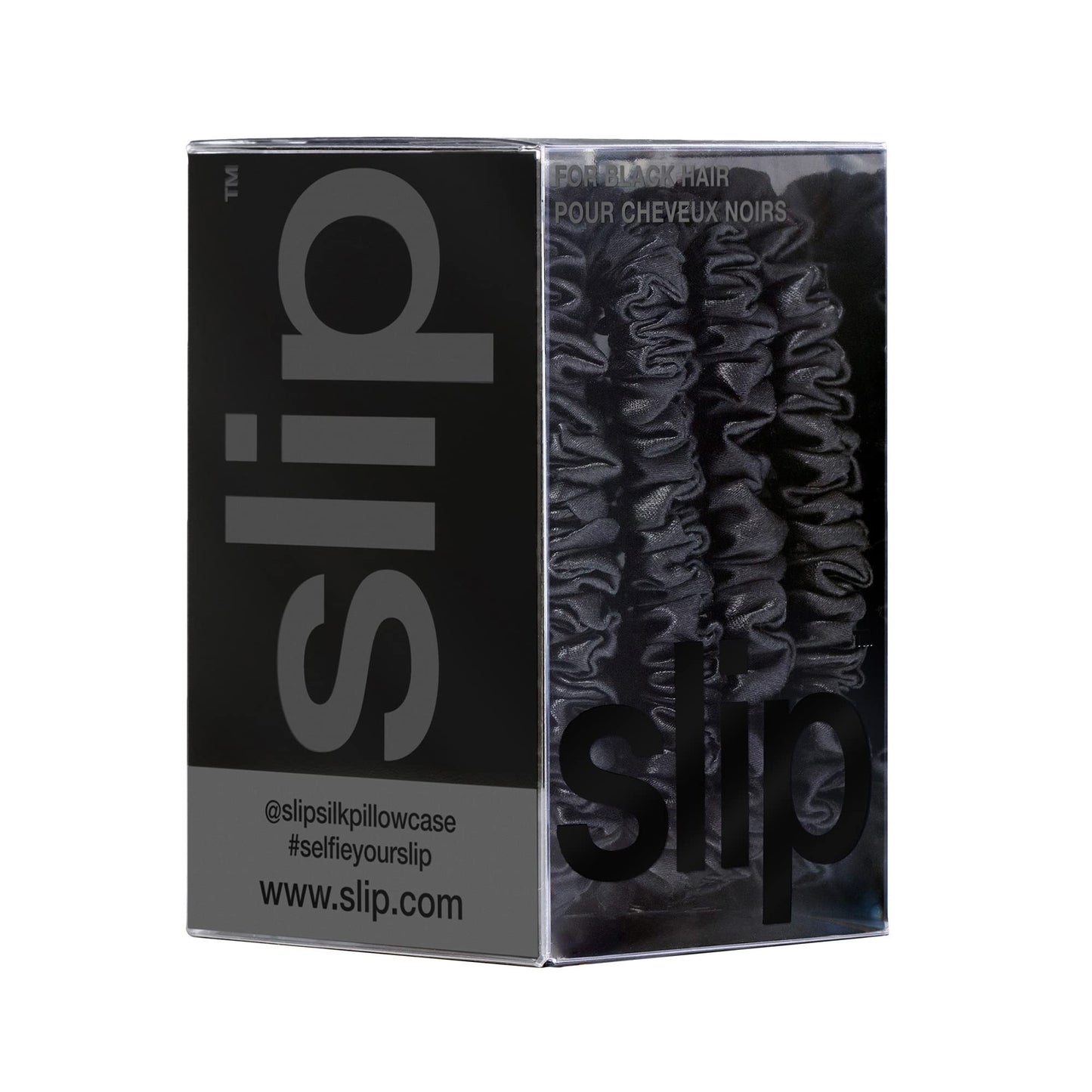 Slip Silk Hair Ties — Skinny Silk Black Scrunchies, No Damage, No Crease, Anti-Breakage |100% Mulberry Silk | All Hair Types | Made with Proprietary Slipsilk™ | Set of 4