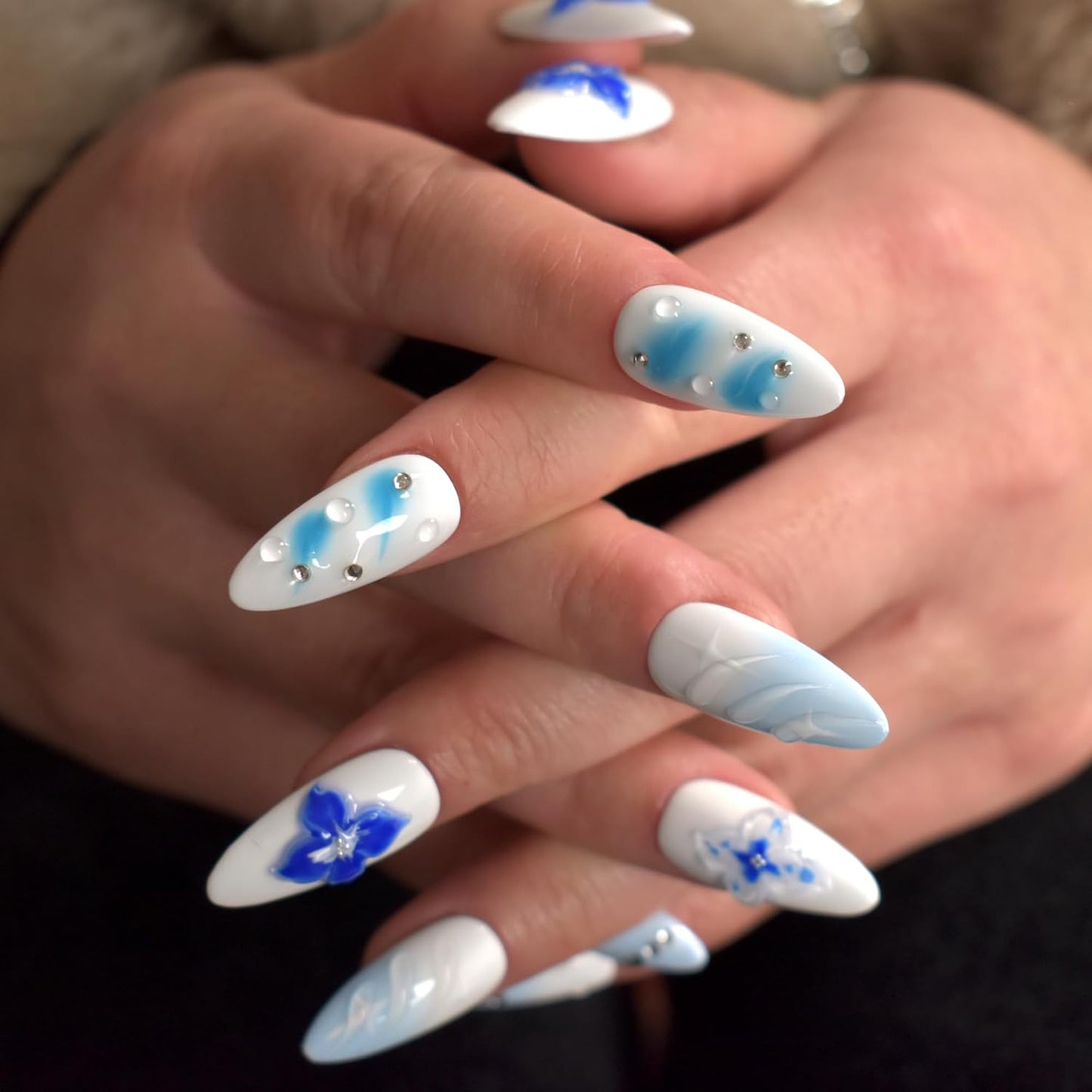 3D Blue Almond Press-On Nails with Carved Flower & Bubble Pearl - Handmade Acrylic Manicure, Medium Size