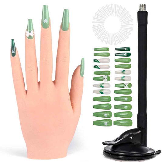 Flexible Silicone Practice Hand for Acrylic Nails with 528 Nail Tips & Stand