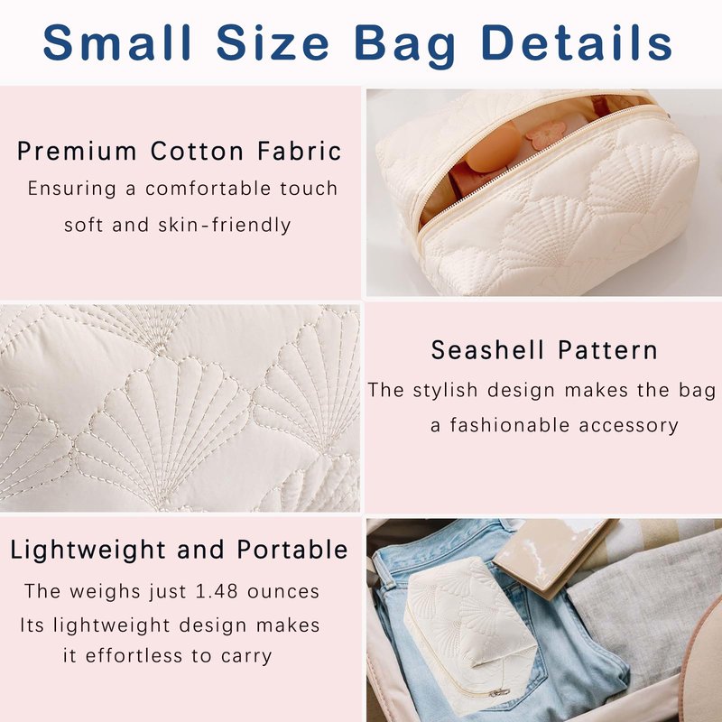 uekeboag 3Pcs White Quilted Cotton Makeup Pouch,Coquette Quilted Toiletry Bag for Women and Girls, Floral Coquette Organizer Bag, Aesthetic Travel Cosmetic Bags(3Pcs White Shell)