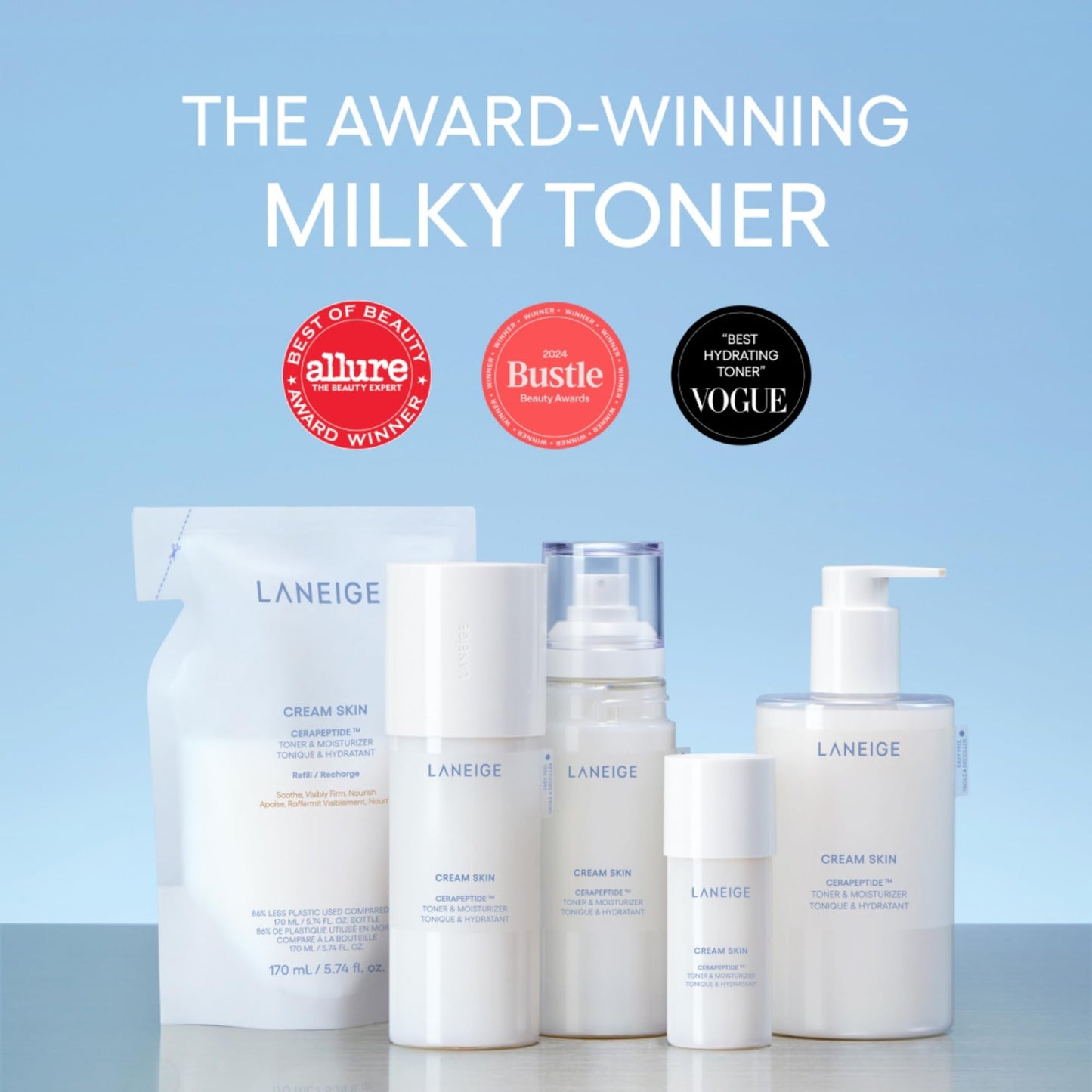 LANEIGE Cream Skin Toner & Moisturizer Mini Mist Spray: Lightweight Refillable Korean Milky Toner with Ceramide & Peptide for Hydration, Firming, & Barrier Support