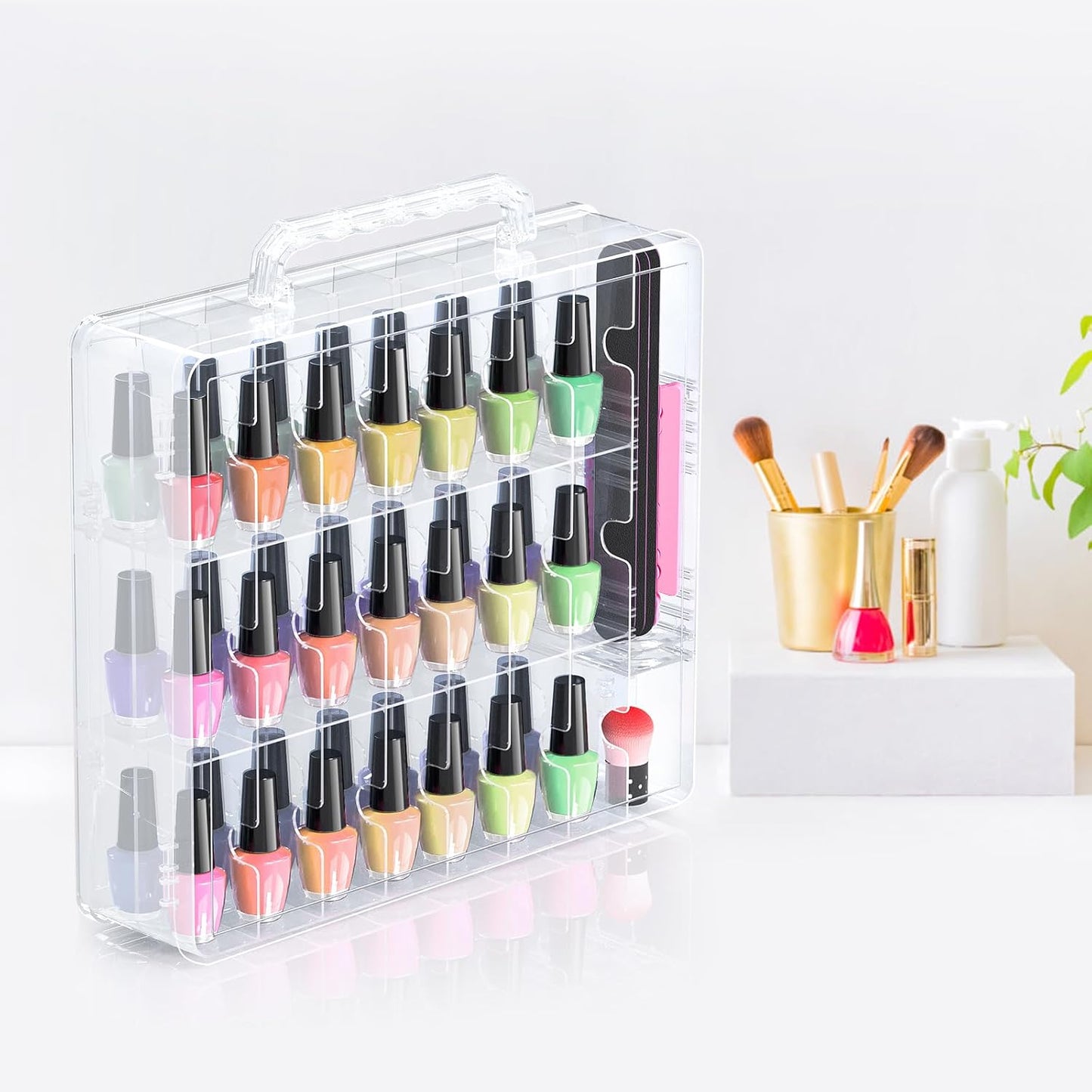 Portable Nail Polish Organizer - 48 Bottle Clear Holder with Adjustable Divider | Double-Sided Storage Case for Nail Techs