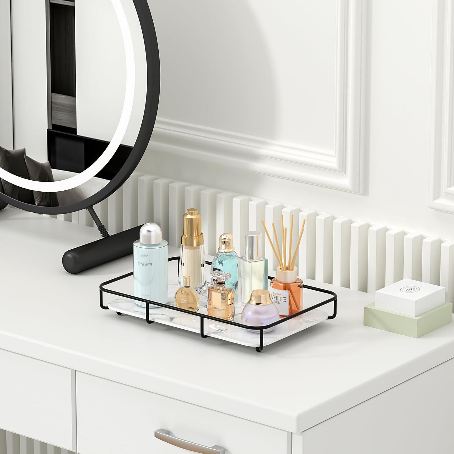 Bathroom Organizer Countertop Perfume Organizer Makeup Organizer Cosmetics Storage Display Rack Vanity Tray Dresser Stainless Steel Gold Shelf White Marble Ceramic Tray