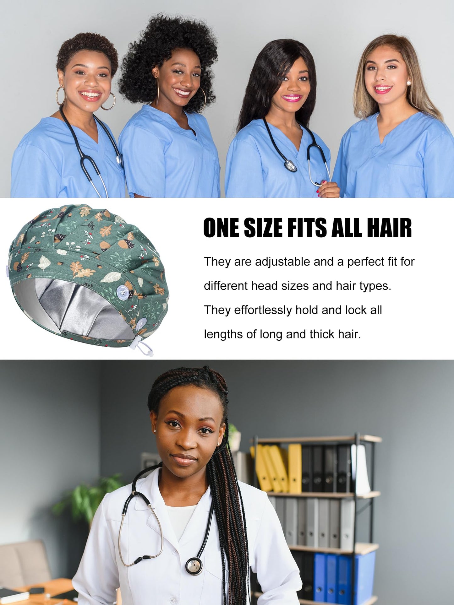 Floraltop 6 Pcs Satin Lined Scrub Caps Women Nurse Surgical Hat with Buttons Ponytail Working Adjustable Pouch Tie Back(Classic Style)