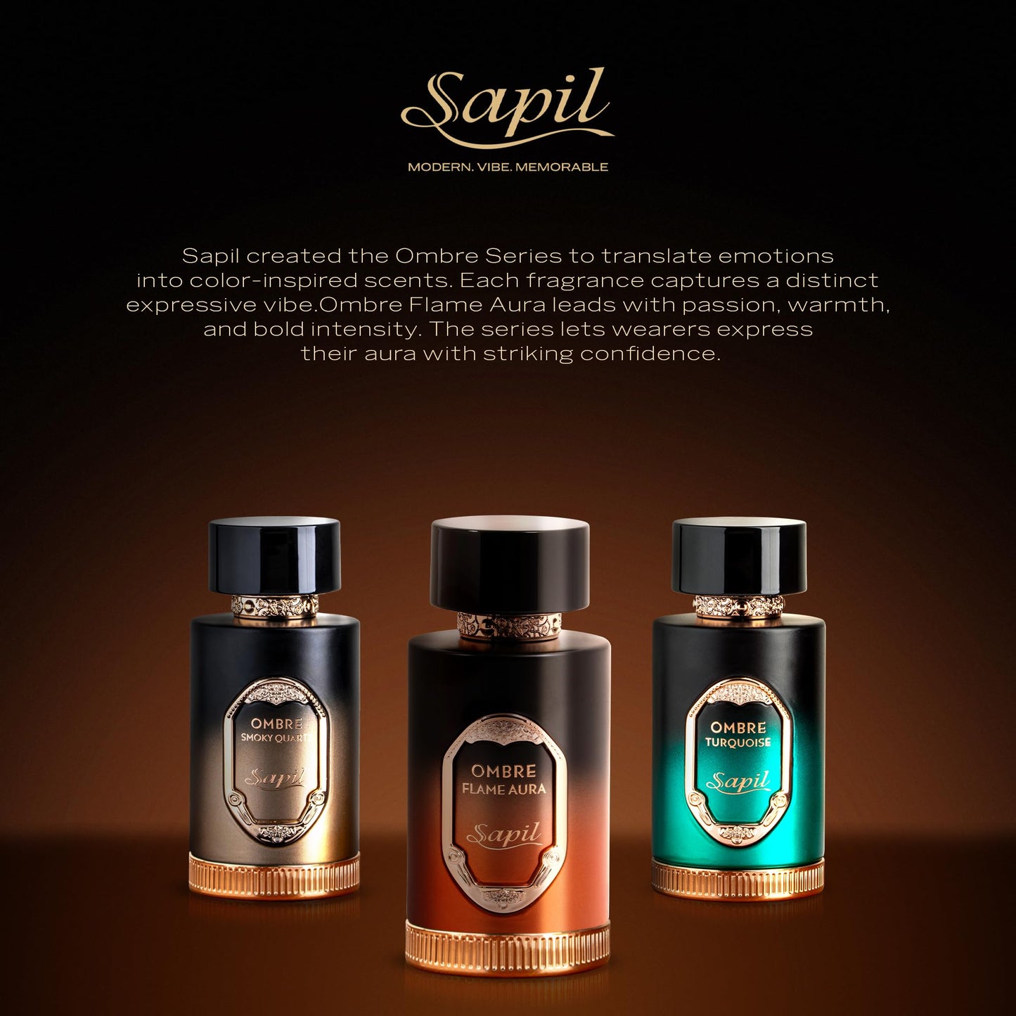 Sapil Ombre Flame Aura Eau de Parfum – Long Lasting Unisex Spicy Woody Perfume | Cardamom, Oud & Amber Notes | Warm Smoky Signature Fragrance | 3.4 oz / 100ml