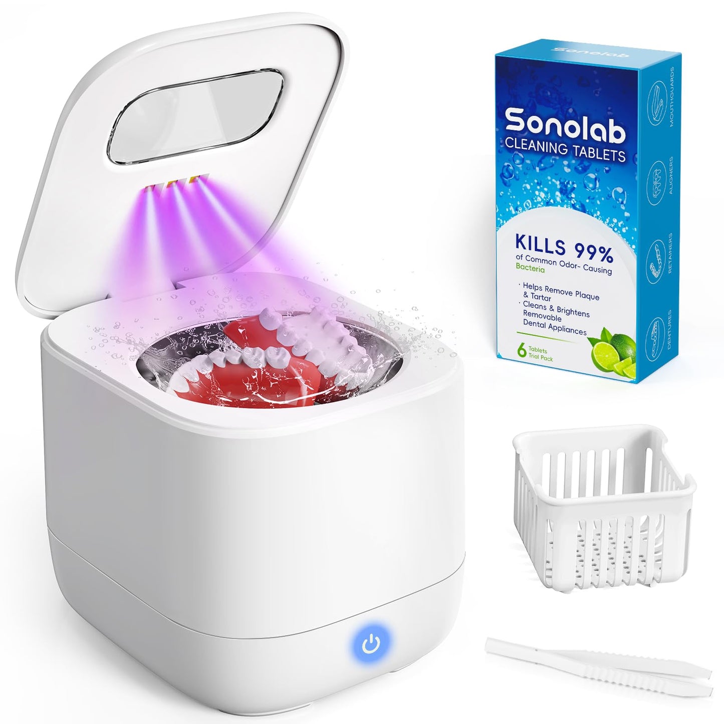 Sonolab Ultrasonic Retainer Cleaner Machine with Removable Tank and Cleaning Tablets, 45kHz Sonic Dental Cleaning Pod, 240ml Large Capacity Ultrasonic UV Cleaner for Dentures, Aligners, Mouth Guards