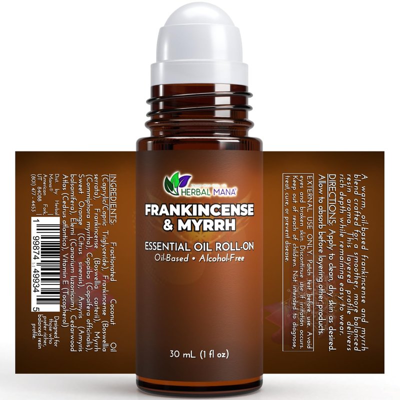 Frankincense & Myrrh Essential Oil Roll-On, 30 mL (1 fl oz) – Pre-Diluted Aromatherapy Rollerball in Fractionated Coconut Oil (FCO) – Alcohol-Free Pulse Point Oil Roller