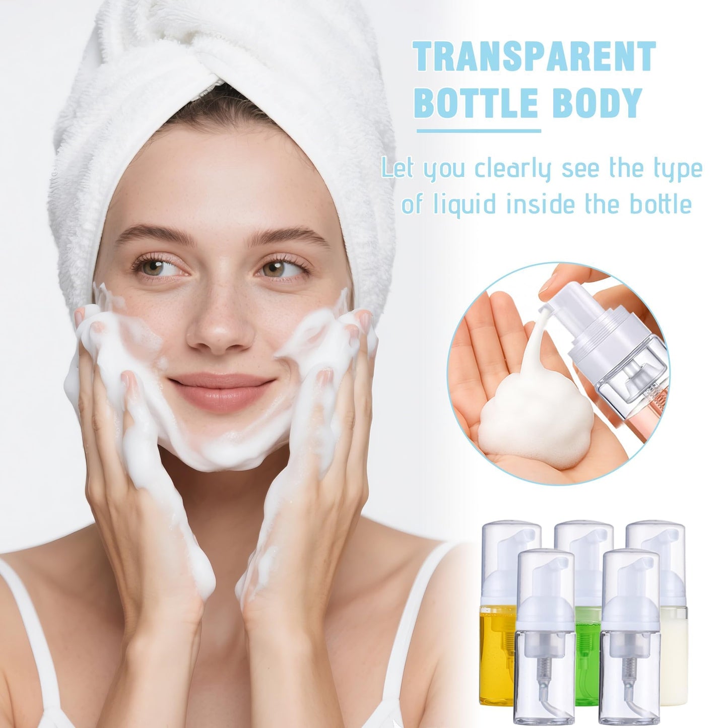 50 Pcs Foam Pump Bottle 1 oz Small Size Mousse Foam Soap Dispenser,Clear Plastic Empty Refillable Mini Foam Pump Bottle for Face Wash Shampoo Skin Care with 160 Labels(30 ml)